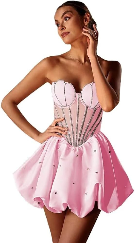 Satin Short Homecoming Dresses Beading Strapless Mini Dresses A Line Backless Cocktail Dress | Amazon (US)
