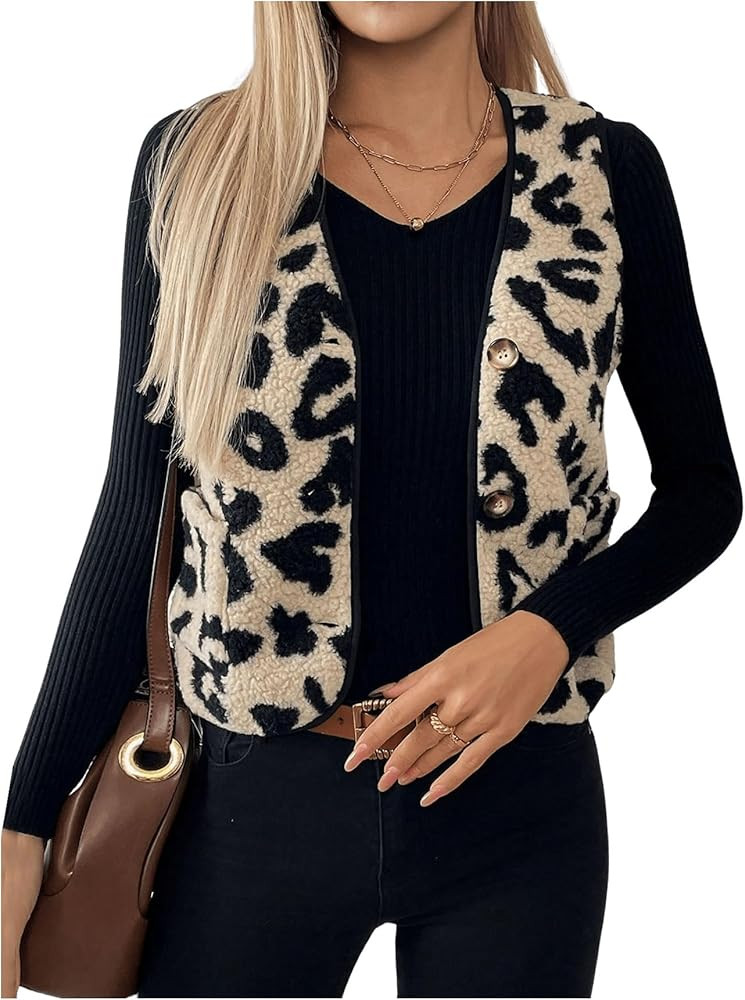 GORGLITTER Women's Leopard Sherpa Vest Fuzzy Vest Outerwear Trendy Fall Cheetah Fleece Sleeveless... | Amazon (US)