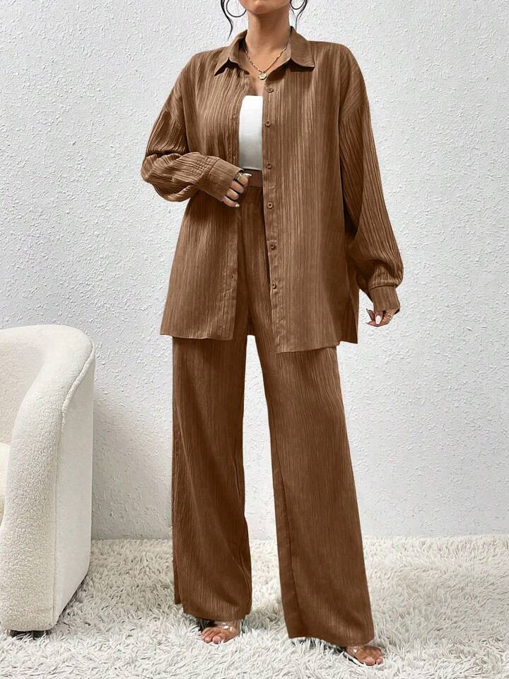 SHEIN LUNE Women's Solid Color Drop Shoulder Long Sleeve Blouse And Wide Leg Pants 2Pcs Casual Suit, Spring & Summer | SHEIN