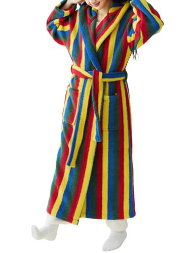 Yimoon Womens Fluffy Fuzzy Hooded Robe Striped Plush Long Bathrobes Thick Warm Soft House Coat Loungewear(Rainbow-M) | Amazon (US)