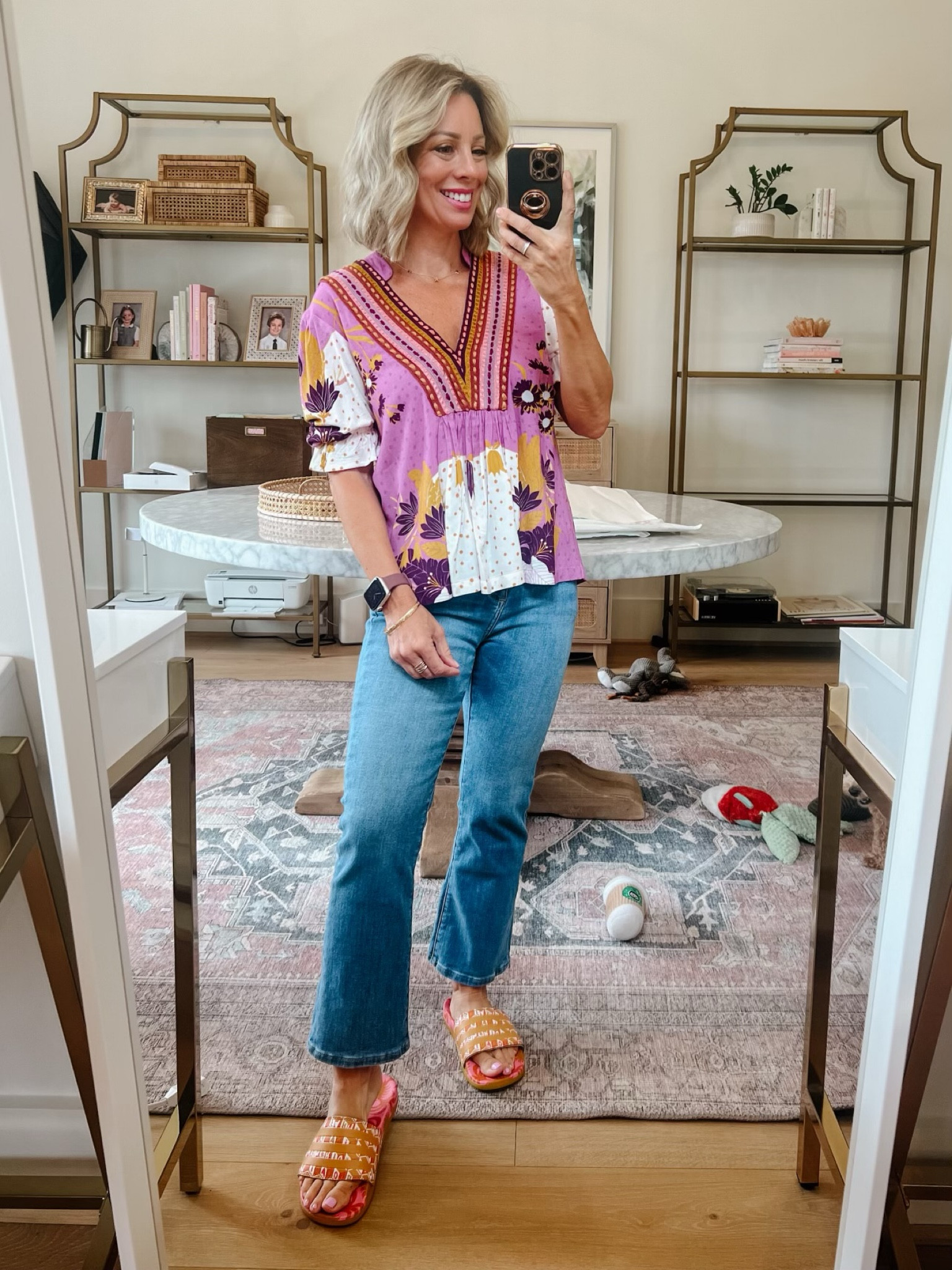 OOTD! 
Loft Jeans, Anthropologie Top, Adidas Slides 

#LTKSeasonal #LTKstyletip #LTKover40