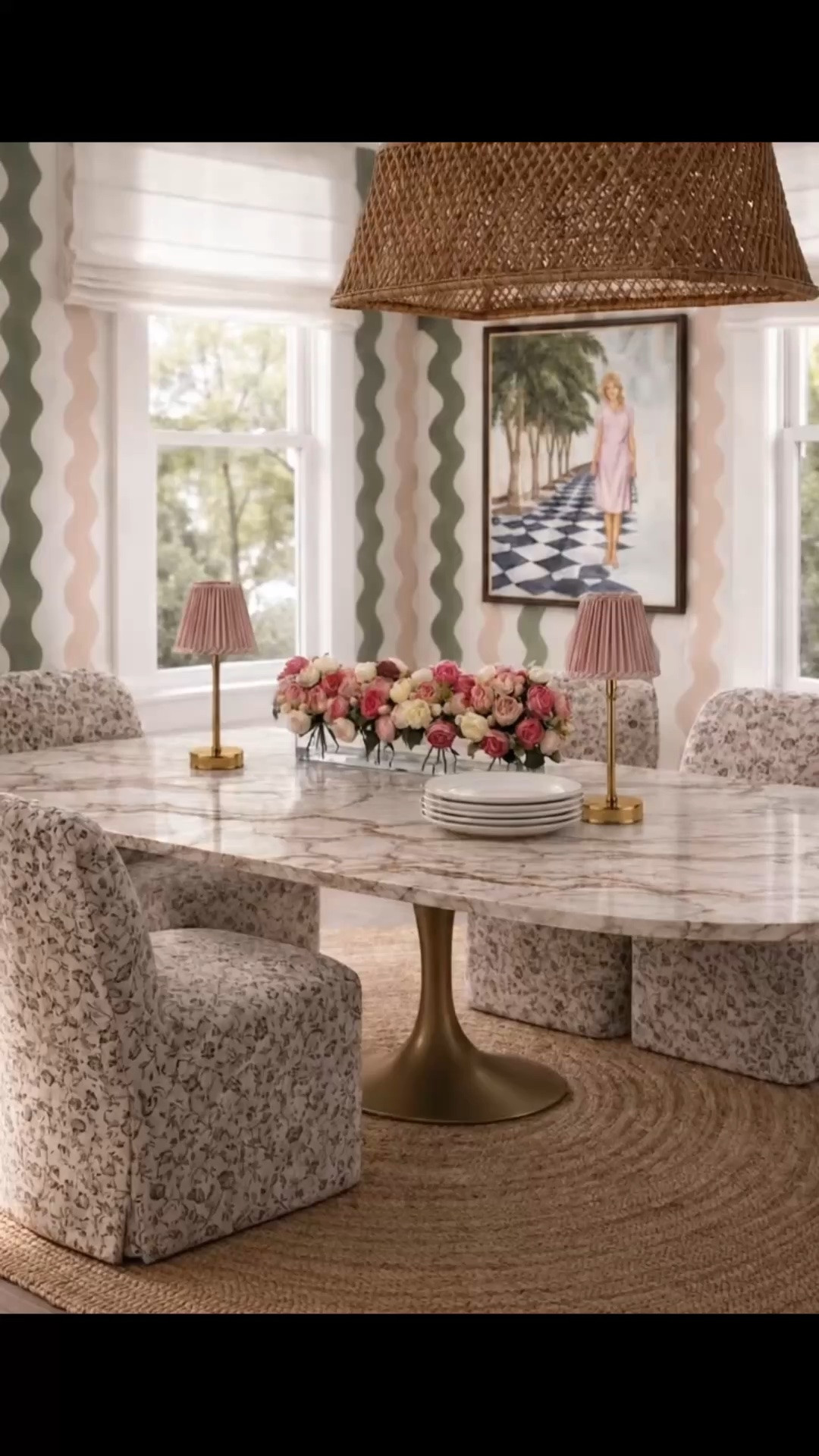 Refresh your dining room for the gathering and entertaining season. ✨

I love how the playful geometric wallpaper brings so much personality to this space, paired with the marble dining table, upholstered dining chairs, charming artwork, and woven chandelier. The rechargeable table lamps are such an easy way to elevate the table and add a soft, warm layer of light, while the low floral centerpiece ties everything together.

Labor Day Sale is the perfect time to refresh a few key pieces and get your dining room ready for fall dinners, holiday gatherings, and entertaining at home.

#LaborDaySale #DiningRoom #DiningRoomDesign #MarbleDiningTable #DiningChair #GeometricWallpaper #Wallpaper #Chandelier #RechargeableTableLamp #TableLamp #WallArt #FlowerArrangement #Centerpiece #Tablescape #Entertaining #HomeDecor #FallHome #HolidayEntertaining

#LTKHome #LTKSaleAlert #LTKdayinmylife #LTKHome #LTKSaleAlert