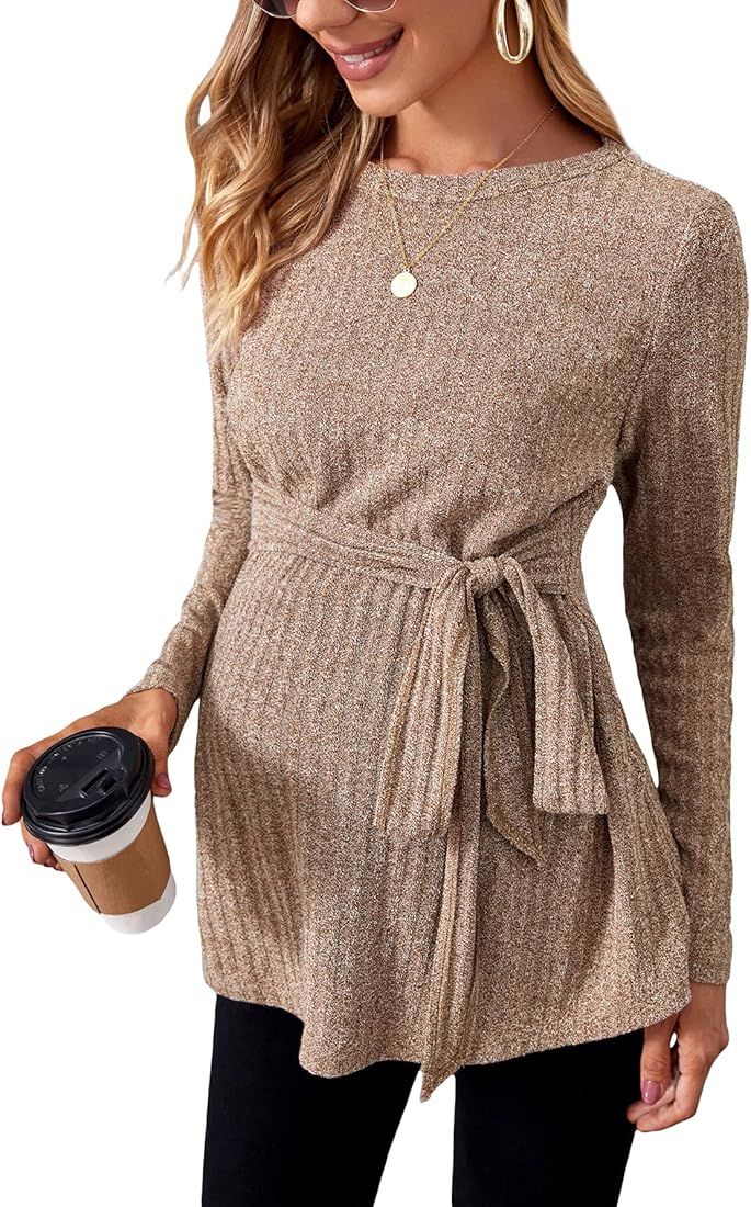 Women's Maternity Shirts Casual Long Sleeve Tie Front Ribbed Knit Pregnancy Tee Top | Amazon (US)