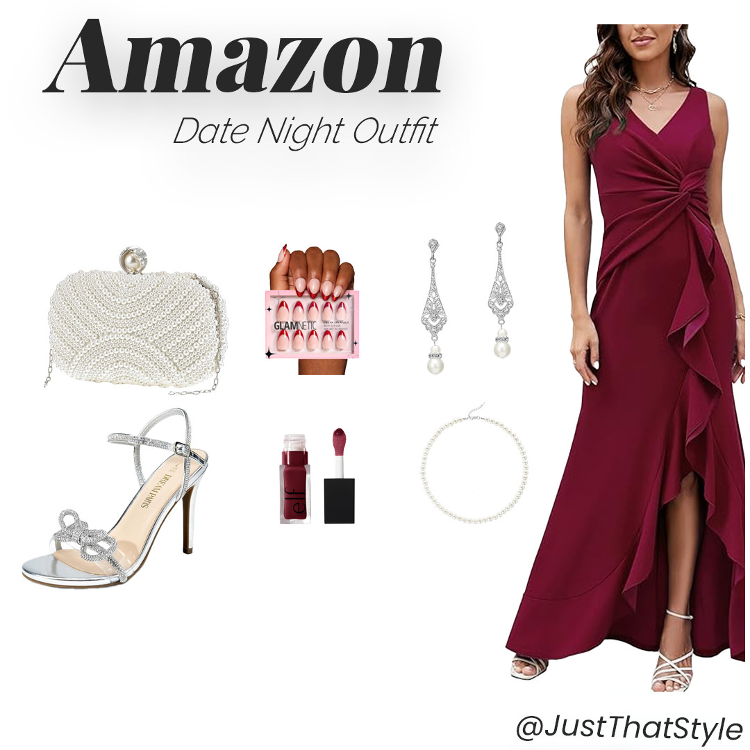 Elegant in wine red 🍷✨ Shop this stunning look now! #AmazonStyle #DateNightGlam #EveningGown #SliverAccessories  #OOTN #LTKFashion #AmazonFinds #LTKShop 

 #LTKMostLoved #LTKWatchNow #LTKStyleTip