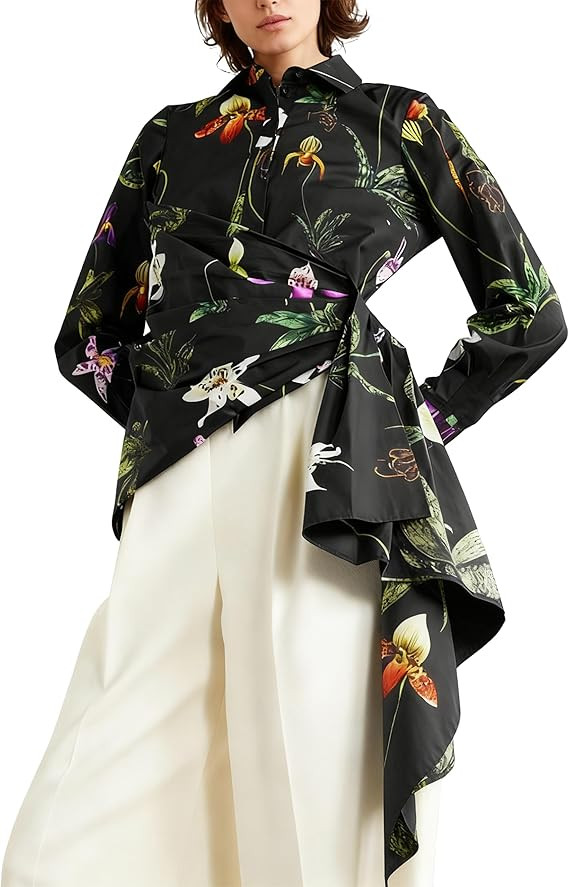Women's Dressy Floral Long Sleeve Button Down Shirts Asymmetrical Irregular Hem Blouse Shirt Top | Amazon (US)