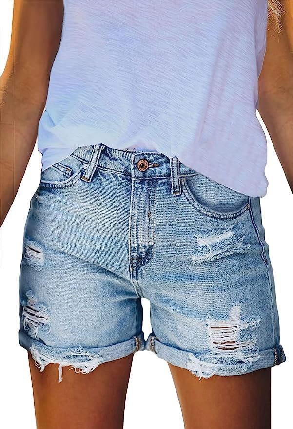 HAPCOPE Women's High Waisted Denim Shorts Ripped Hem Frayed Distressed Short Jeans | Amazon (US)