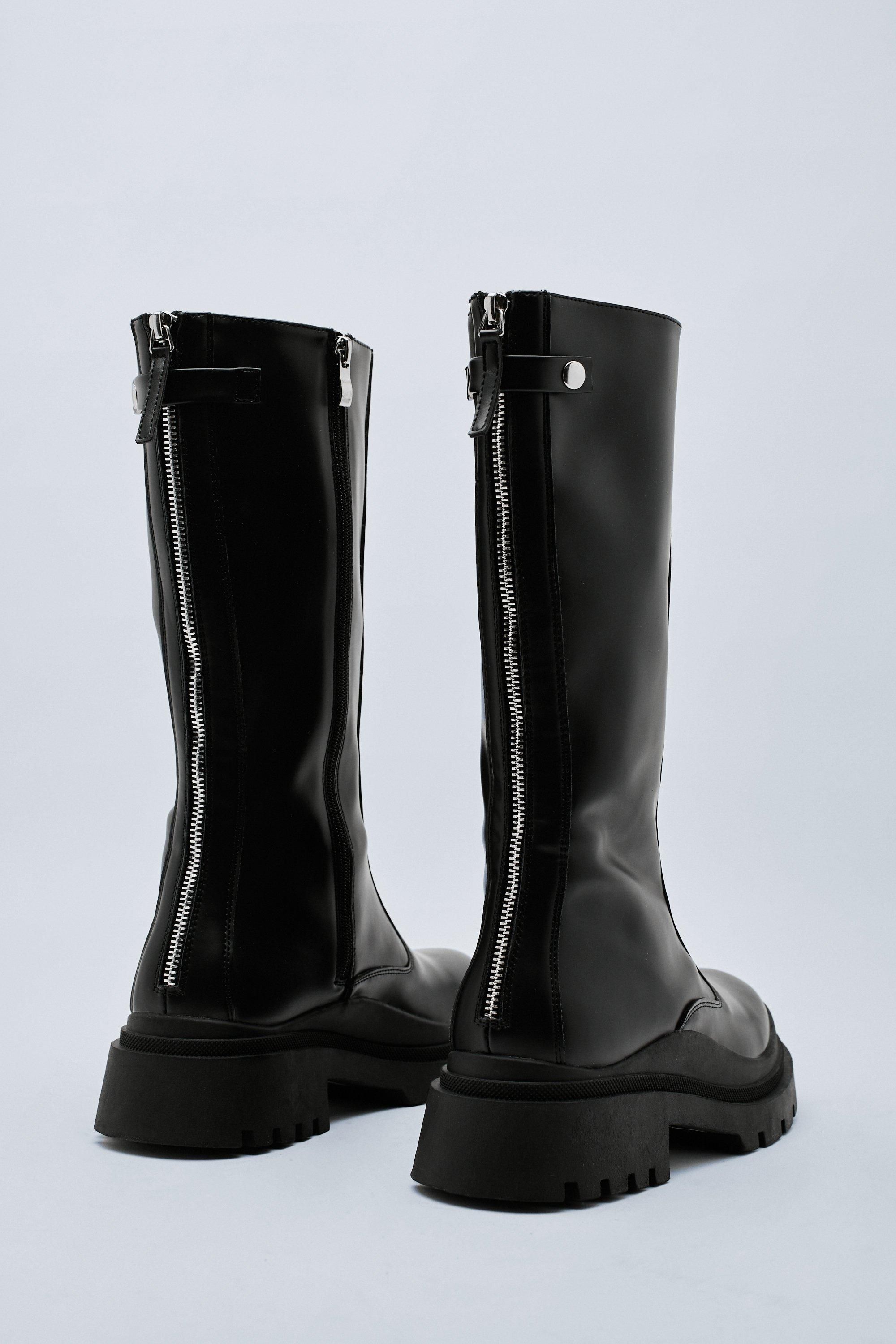 Zip Down Mid Rise Faux Leather Boots | Nasty Gal (US)
