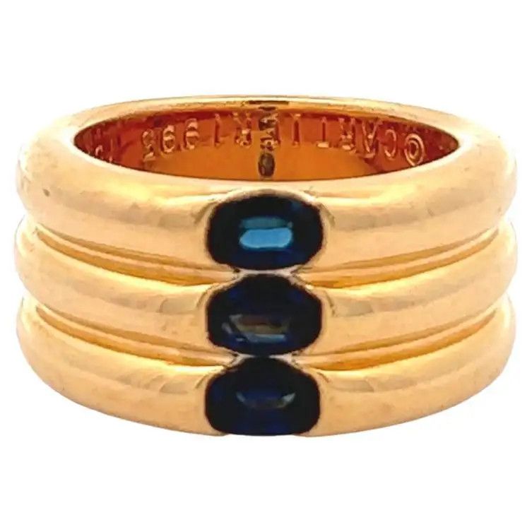 Vintage Cartier French Sapphire 18k Yellow Gold Triple Stack Ellipse Ring | 1stDibs