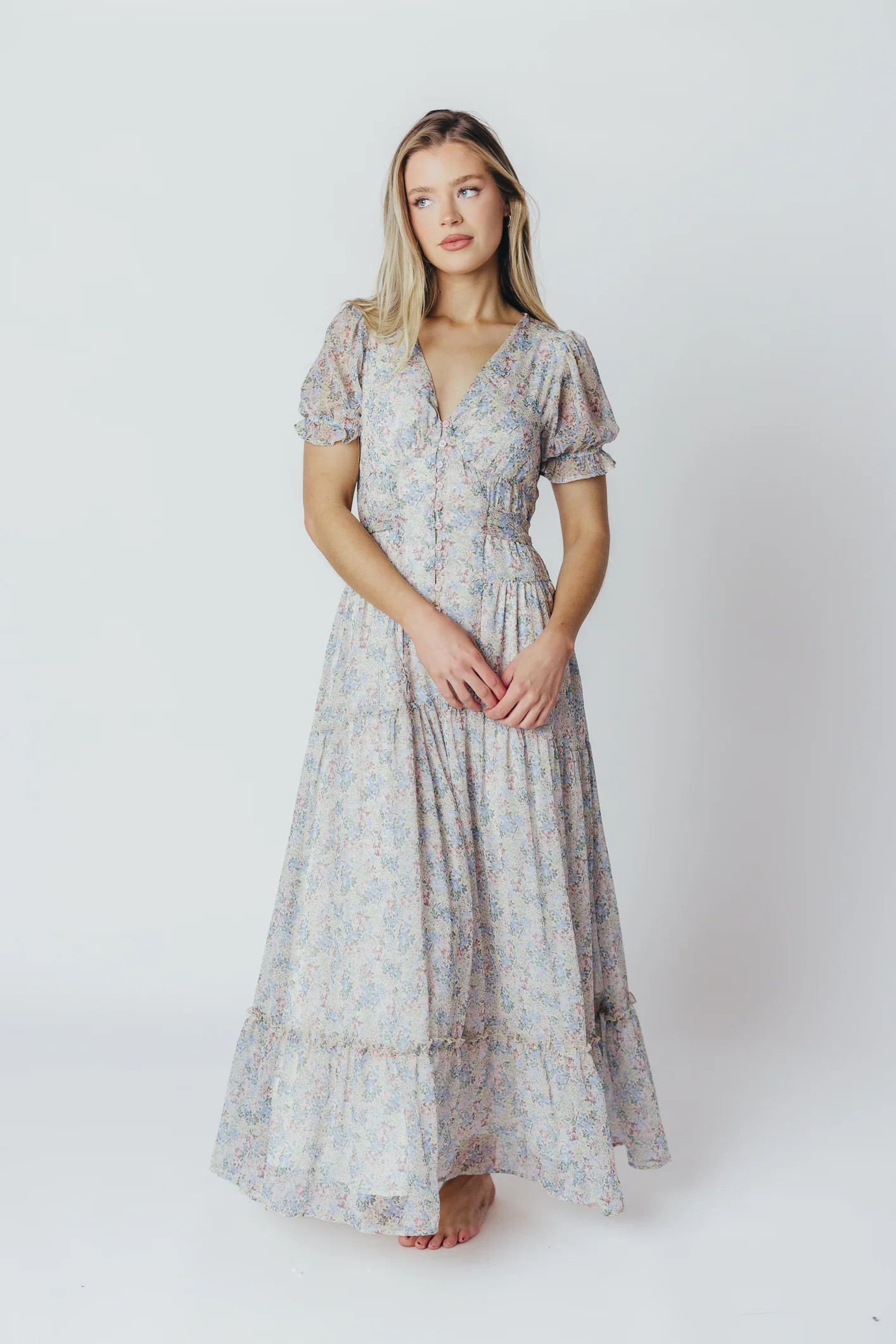 Jacqueline V-Neck Maxi Dress in Blue Floral Multi | Worth Collective
