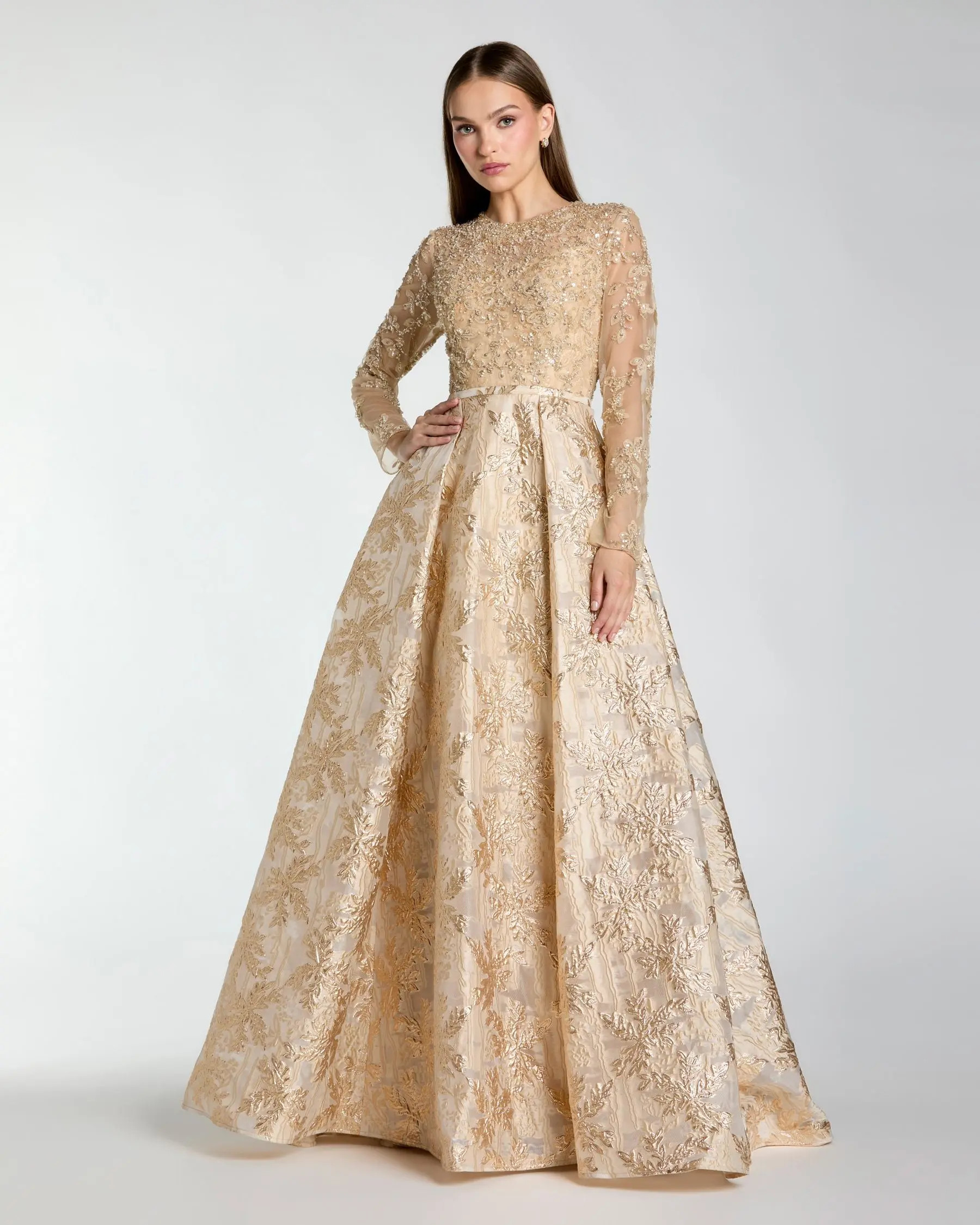 Gold Embellished Long Sleeve Brocade Ball Gown | Mac Duggal | Mac Duggal