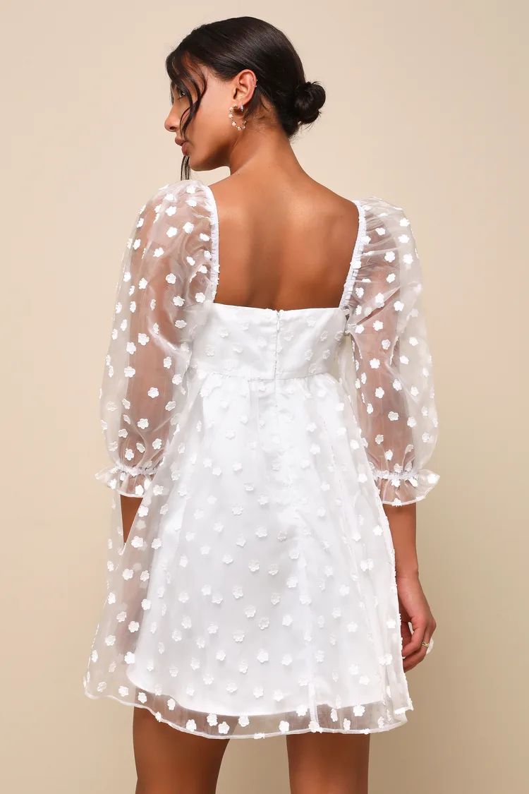 Effervescent Charm White Organza Floral Babydoll Mini Dress | Lulus