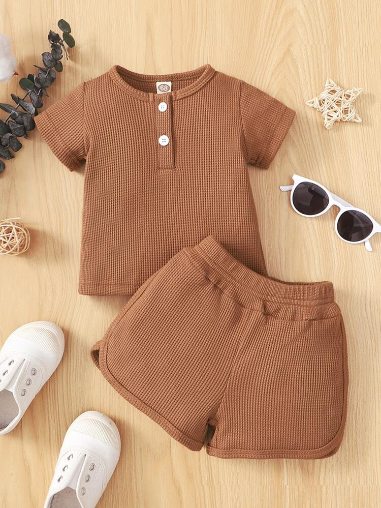 Baby Half Button Waffle Knit Tee & Shorts | SHEIN