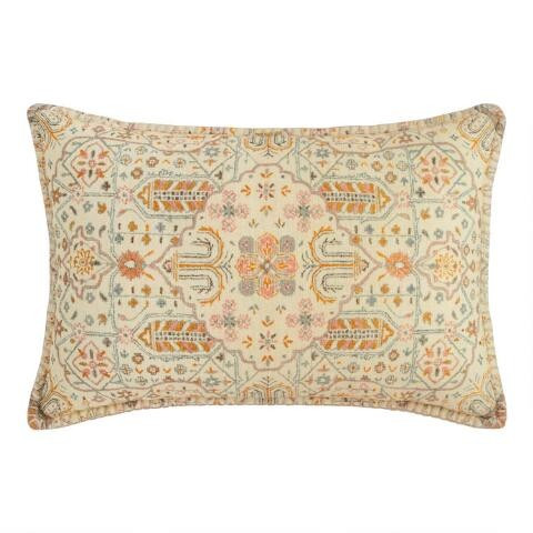 Ivory and Coral Carpet Print Lumbar Pillow | World Market