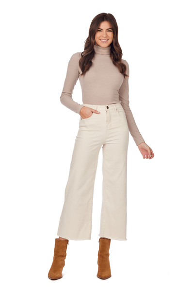 Mud Pie Crawford Wide Leg Jeans in Tan, Size Large | Cotton/Spandex | Mud Pie