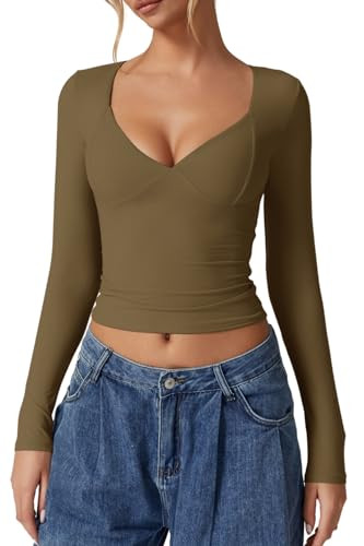 QINSEN Fall Tops for Women 2024 Long Sleeve Sweetheart Neck Double Lined Tee Shirt Stretchy V Neck Top Capulet Olive XS | Amazon (US)