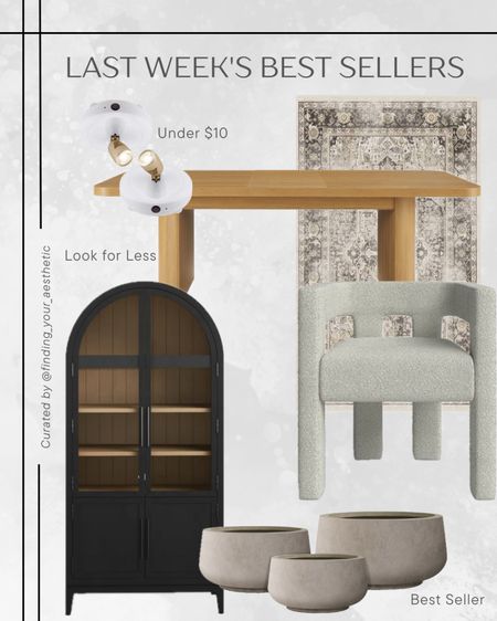Last week's best selling furniture and home decor finds 

Arched black cabinet // display cabinet arched // arched cabinet with doors // viral cement planters // battery accent lights // boucle chair modern // dining chair modern // washable rug // affordable area rug // modern farmhouse rug // Walmart dining table // extendable dining table light wood // Amazon home favorites 

#LTKHome #LTKSaleAlert