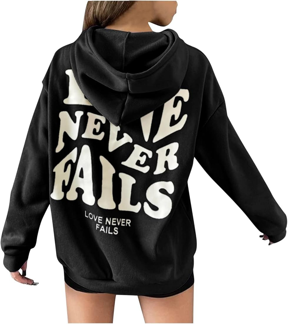 Pinkpaopao Women Hooded Neck Sweatshirts Love Never Fails Printing Hoodie Tops Solid Color Drawst... | Amazon (US)