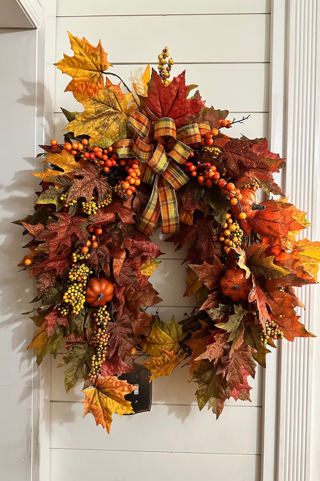 Fall Maple Leaves Wreath with pumpkins, Front door wreath for Autumn, Oval wreath with berries, P... | Etsy (US)