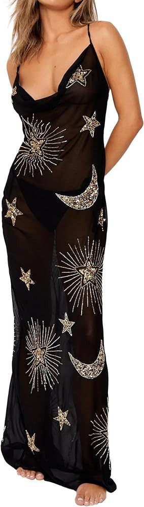 Women's Sequin Star Moon Beach Cover Up Sheer Mesh Maxi Dress for Swimwear & Party | Amazon (US)