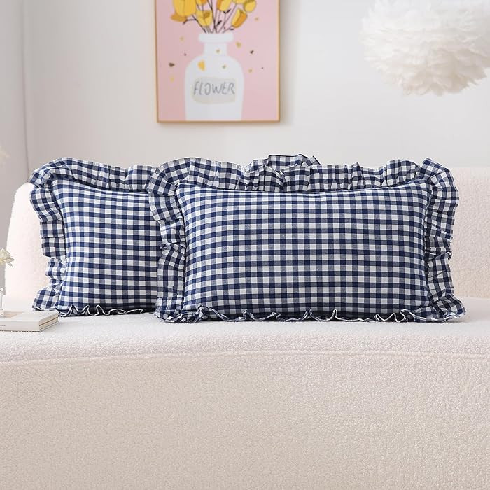 K MASANIJI 2 Pack Navy Blue Plaid Ruffle Gingham Lumbar Pillow Shams, 100% Washed Cotton Linen Fe... | Amazon (US)
