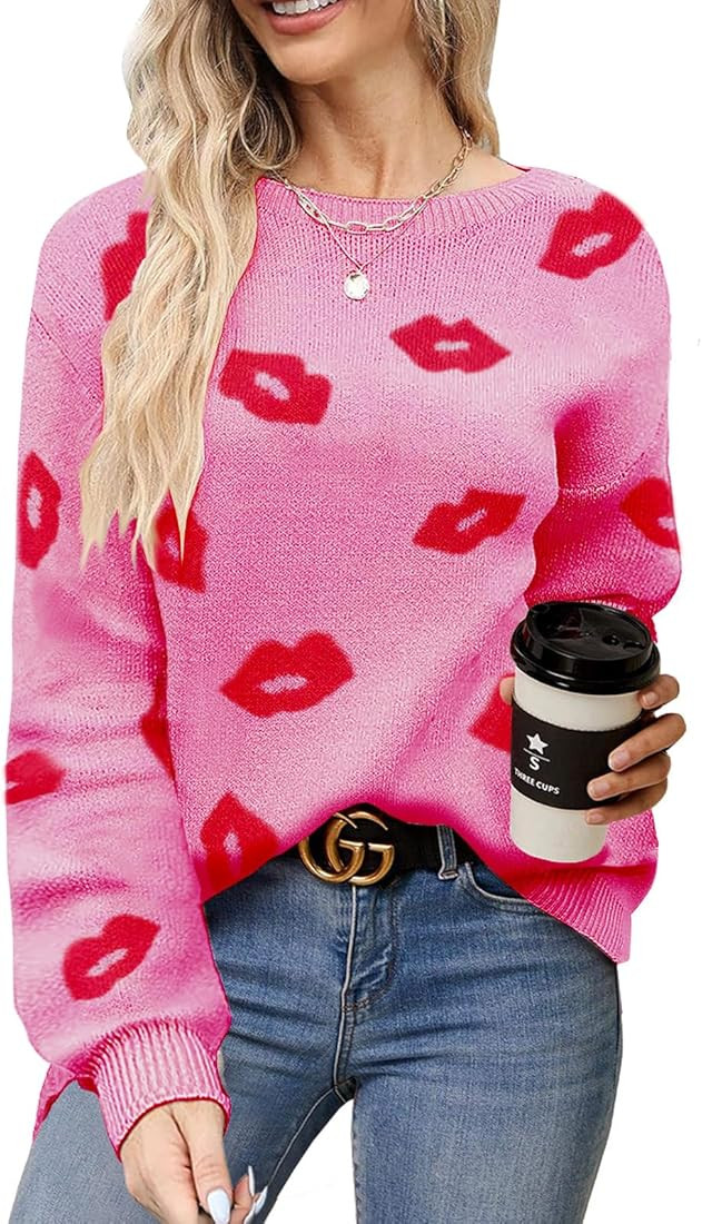 Valentines Heart Sweater for Women Lip Valentines Gifts for Her Cute Lips Long Sleeve Crewneck Ca... | Amazon (US)