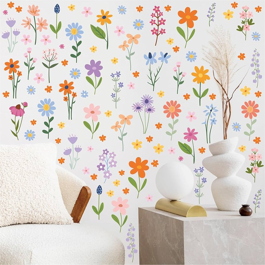 Flower Wall Decals - 8 Sheets 102 Pcs Spring Themed Wildflower Wall Stickers Peel and Stick Fairy... | Amazon (US)