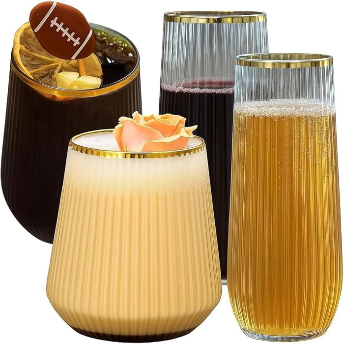24 Pack Ribbed Origami Ripple Plastic Glasses, 12-9 Ounce Stemless Champagne Flutes & 12-12 Ounce... | Amazon (US)