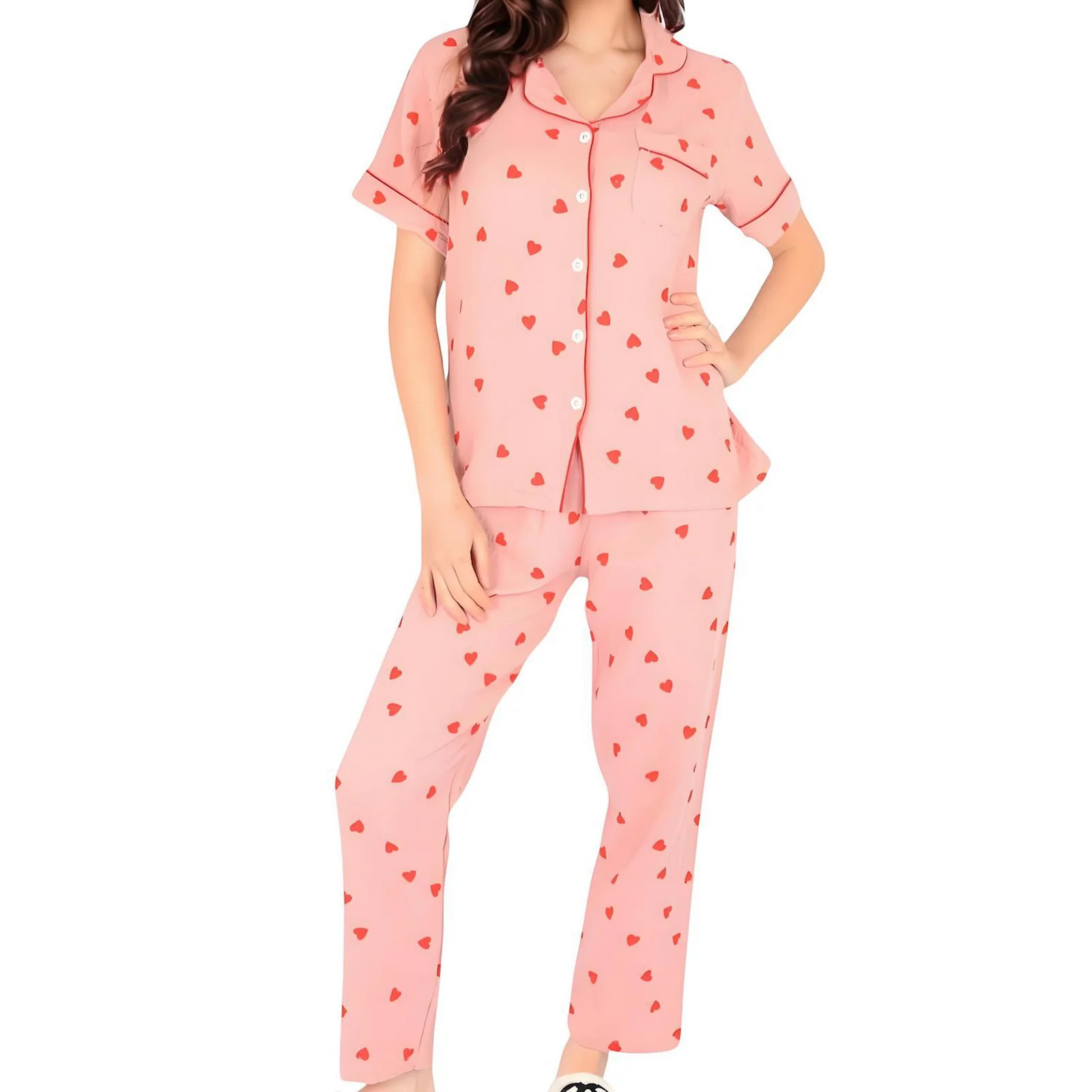 Women's Red Heart Print Pajama Set with Button-Up Top and Relaxed Fit Elastic Waist Pants | Kohl's