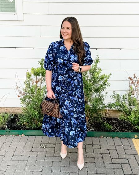 Work wear / work dress / office outfit / blue floral maxi dress / short sleeve dress / summer dresses / 

#LTKFindsUnder100 #LTKWorkwear #LTKOver40