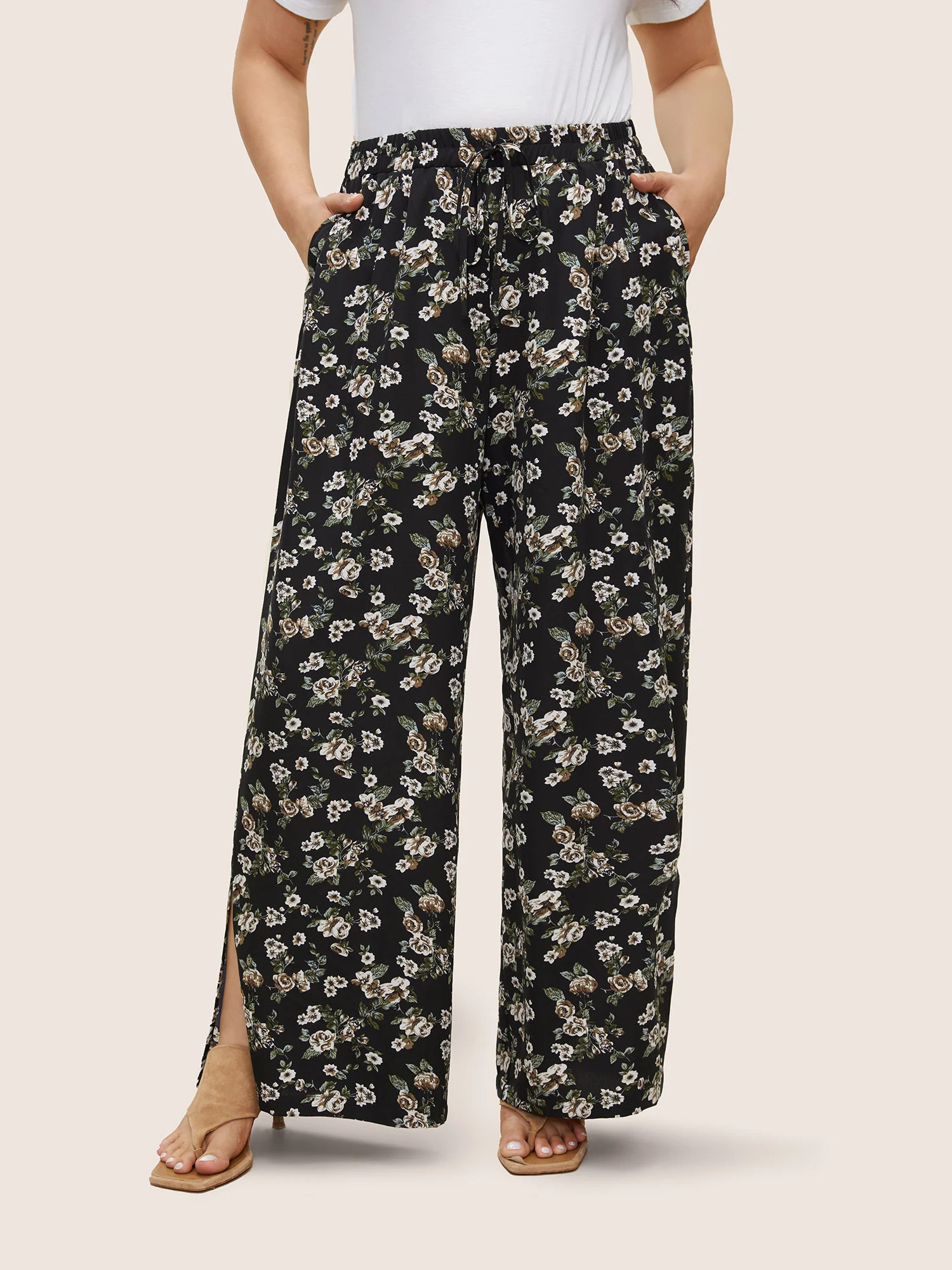 Ditsy Floral Ties Split Hem Wide Leg Pants | Bloomchic