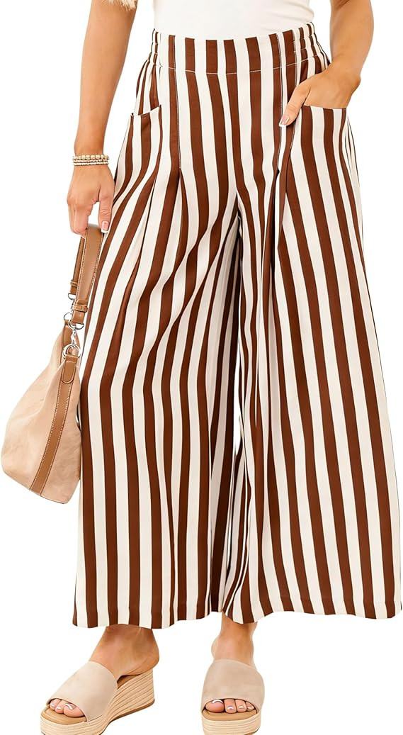 Athlisan Womens Summer Cotton Linen Striped Cropped Pants Elastic Waist Wide Leg Culottes Palazzo... | Amazon (US)