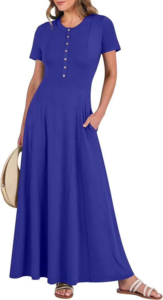 ANRABESS Women Summer Maxi Dress 2025 Casual Short Sleeve Button Fit & Flare A-Line Flowy Spring ... | Amazon (US)