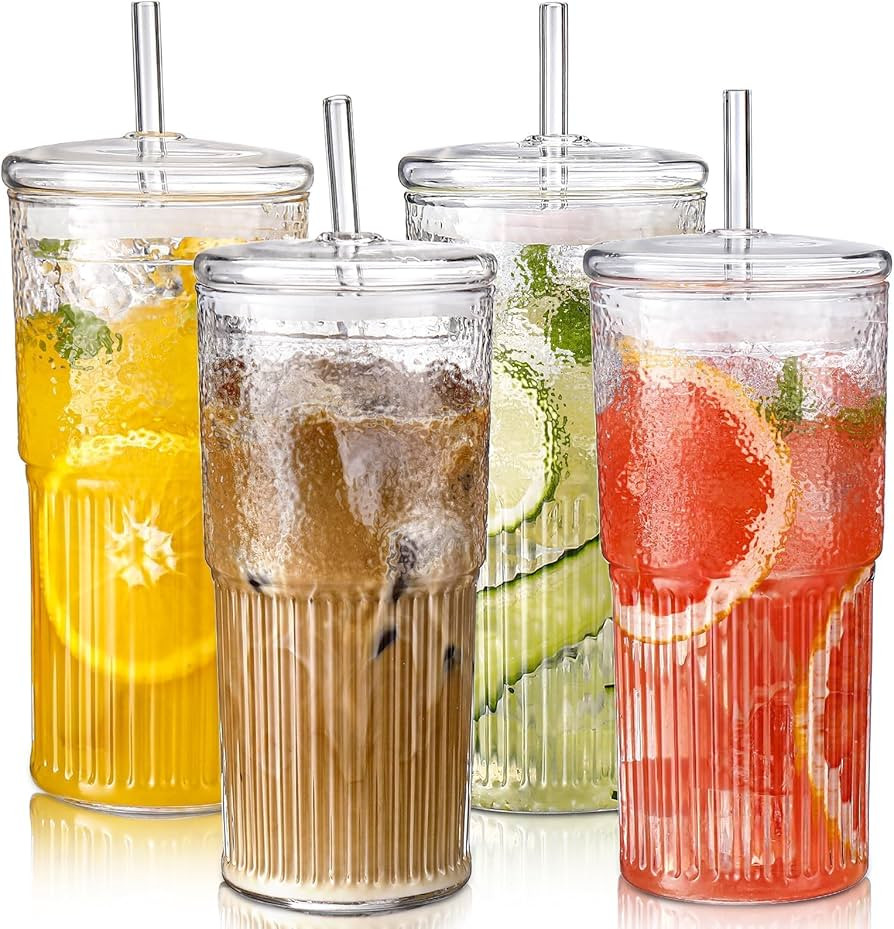 DWTS DANWEITESI Glass Cups with Lids and Straws 4 Pcs,20oz Glasses Drinking Set Vintage Textured ... | Amazon (US)