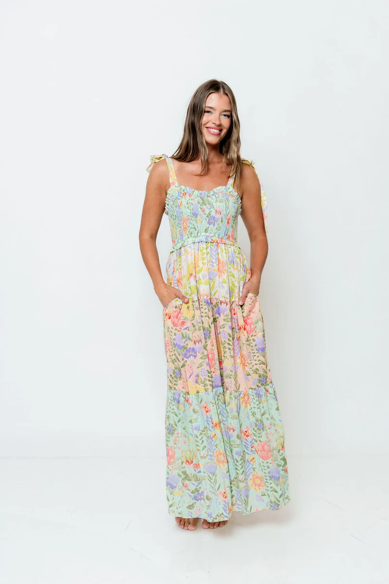 Constance Smocked V-neck Tiered Multi Print Maxi Dress in Garden Dream | Worth Collective