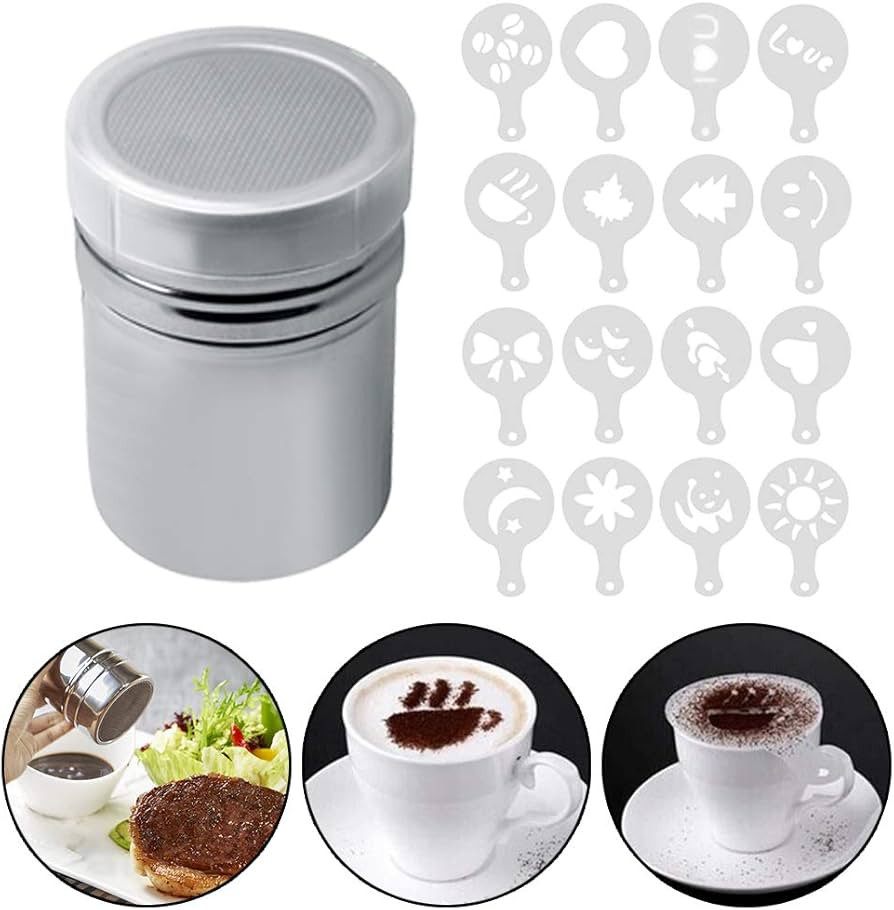 Stainless Steel Powder Shaker, Powder sugar shaker with 16 pcs Coffee Printing Stencils for Coffe... | Amazon (US)