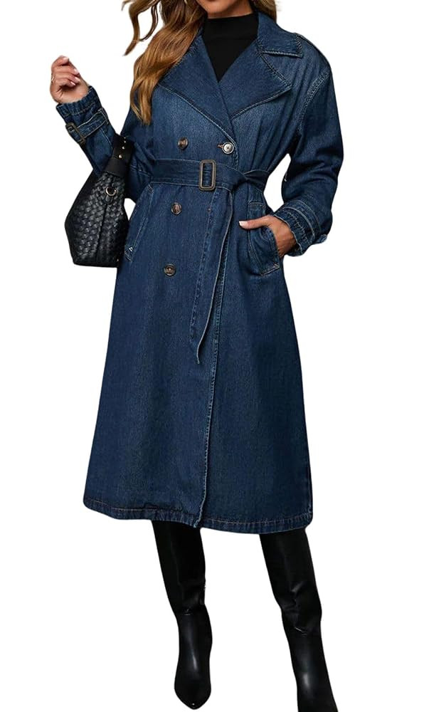 loveimgs Women Vintage Double Breasted Mid Long Denim Jacket Jean Trench Coat Duster Blazer Jacke... | Amazon (US)
