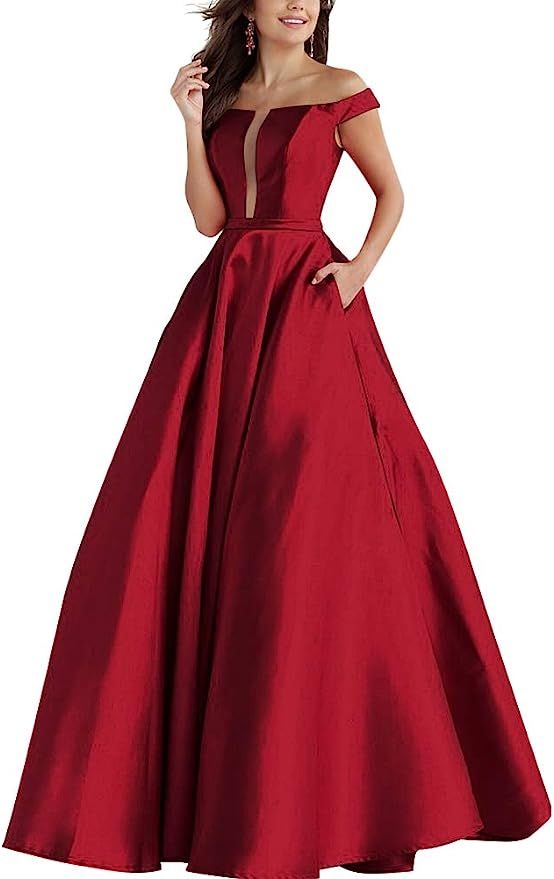 NAXY Woman Off The Satin Prom Dress Long With Pockets Elegant Evening Dress | Amazon (US)