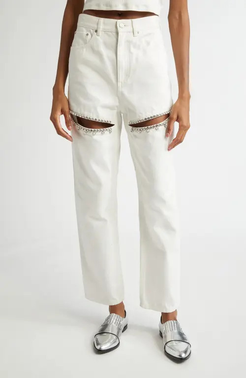 Area Crystal Slit Straight Leg Jeans in White at Nordstrom, Size 29 | Nordstrom