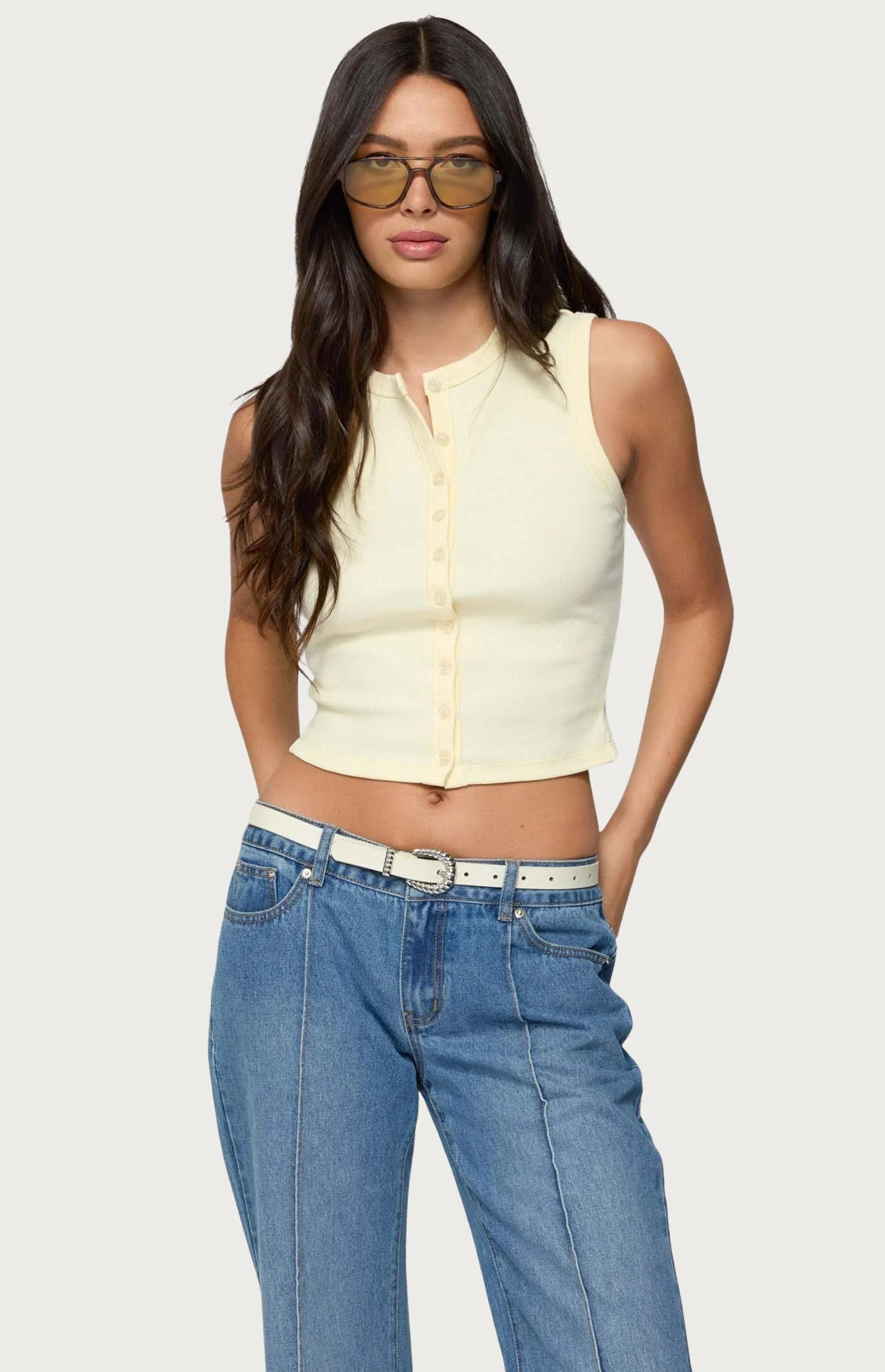 Edikted Women's Basel Button Up Tank Top in Yellow - Size Medium | PacSun