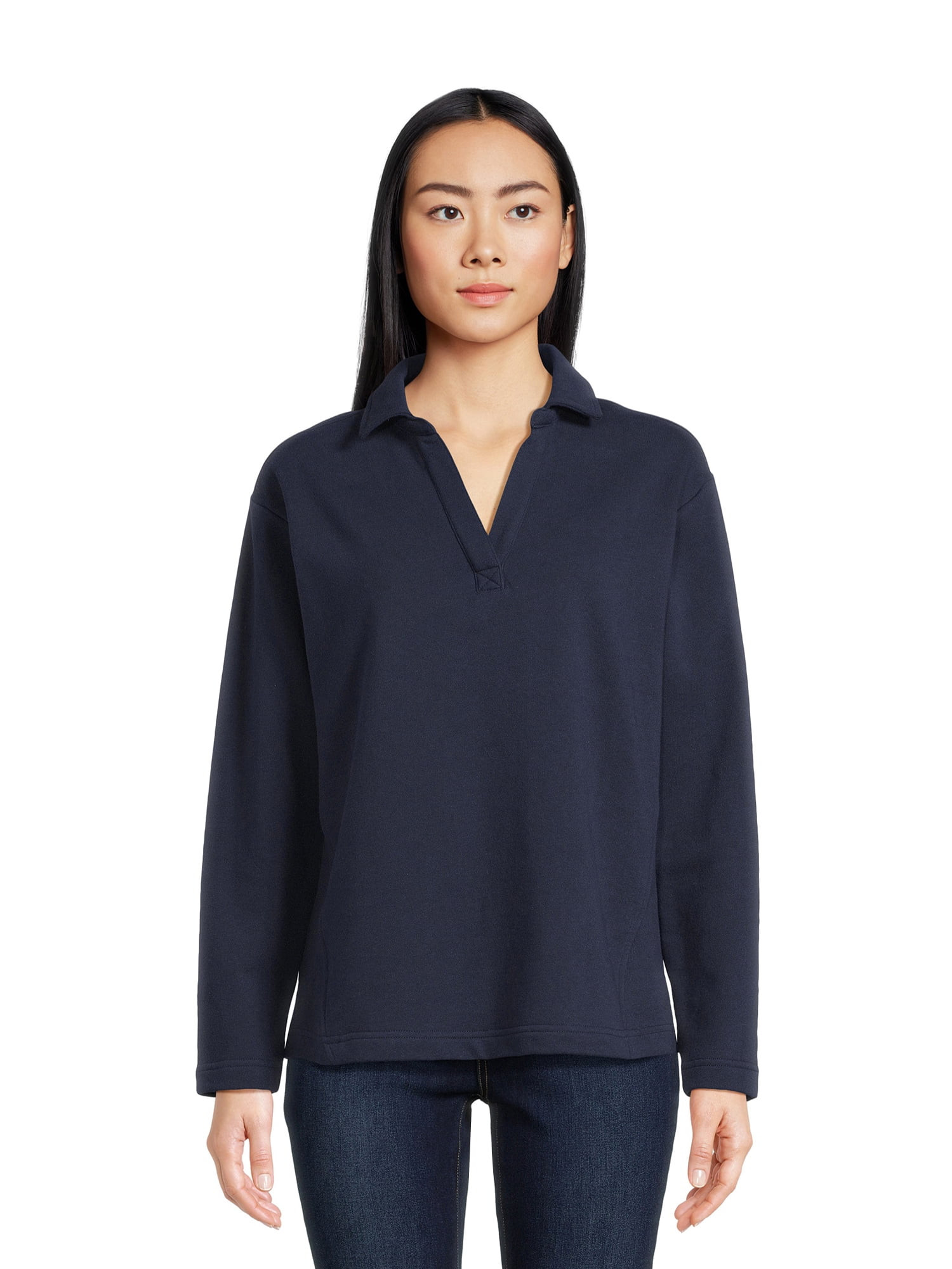 Time and Tru Women's Split Neck Long Sleeve Collared Sweatshirt with Contrast Rib Side Panels XS-... | Walmart (US)