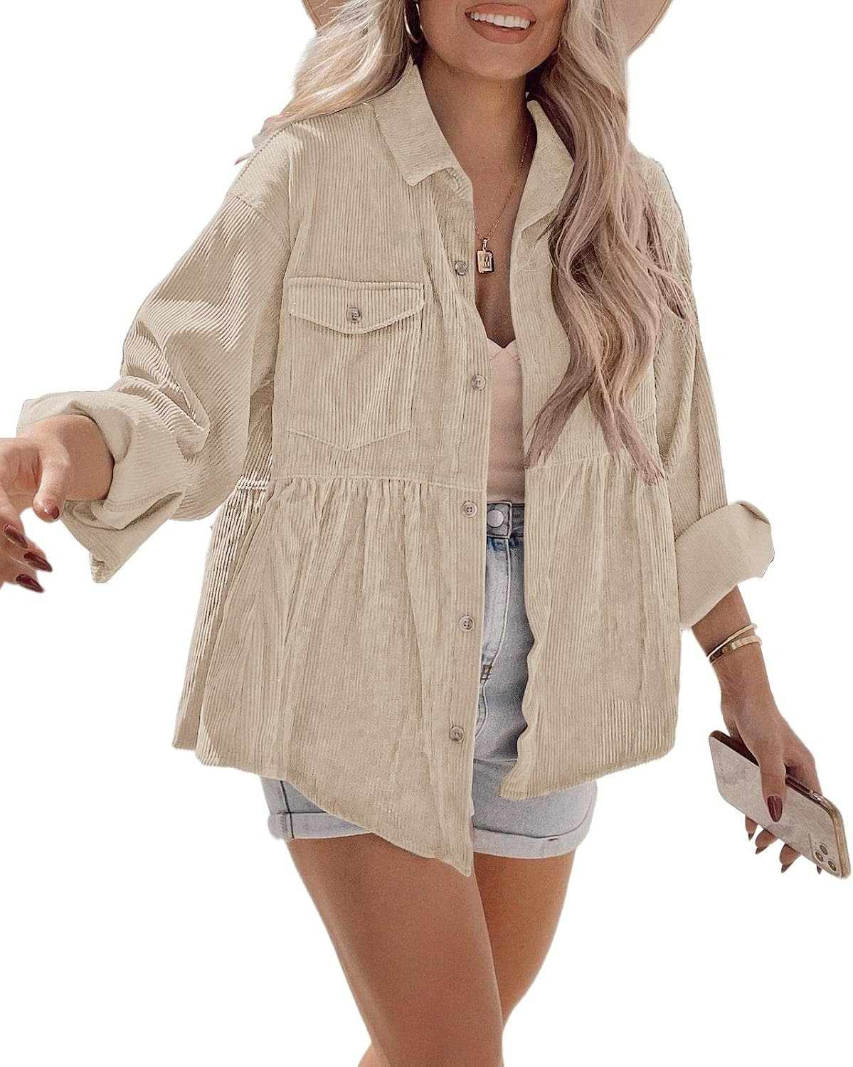 Womens Corduroy Shirts Casual Long Sleeve Button Down Blouses Tunic Babydoll Dress Loose Pocket Jacket Shackets | Amazon (US)