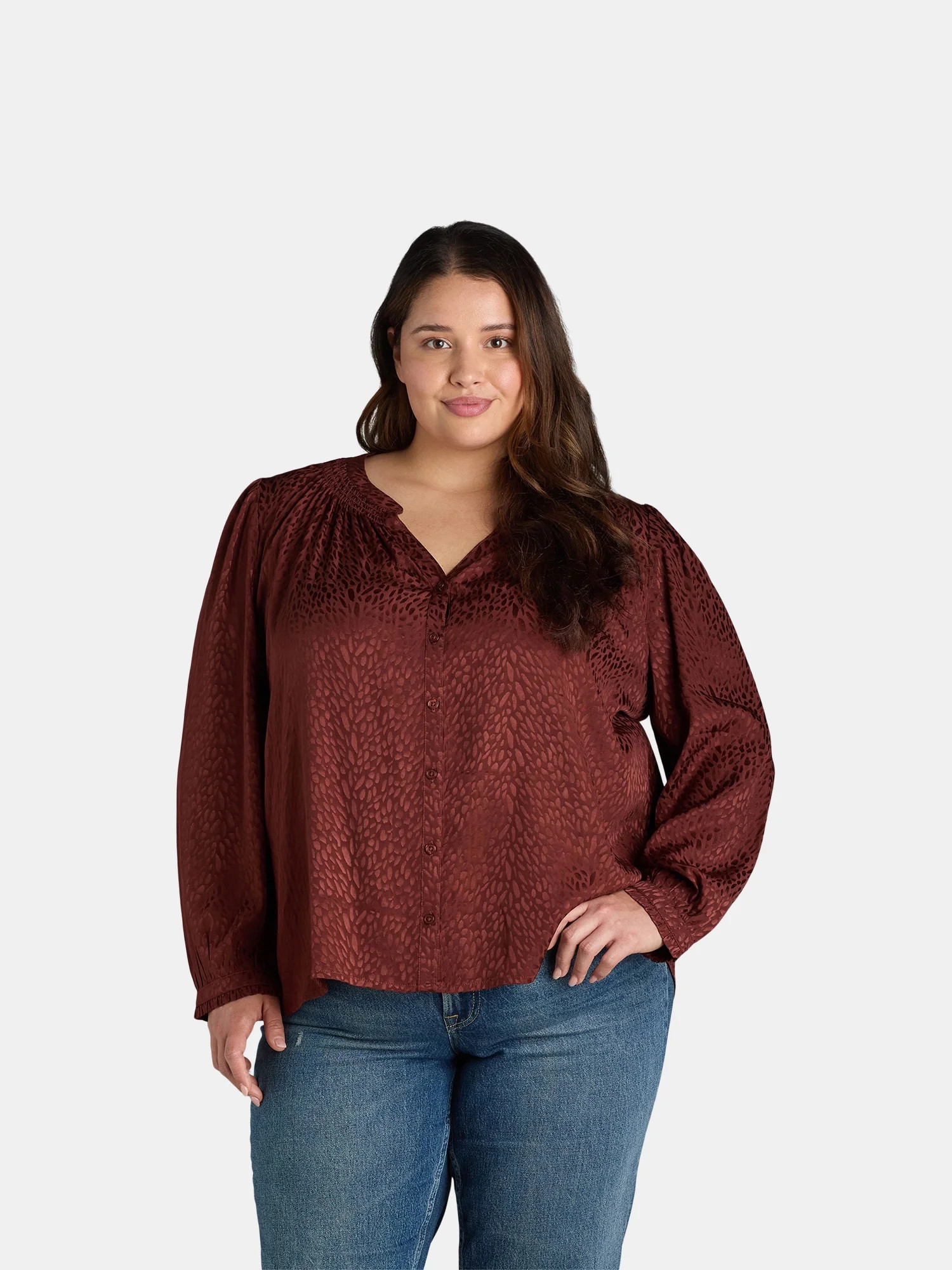 Terra & Sky Black Label Women's Plus Size Button Front V Neck Blouse with Long Sleeves, 0X-4X | Walmart (US)