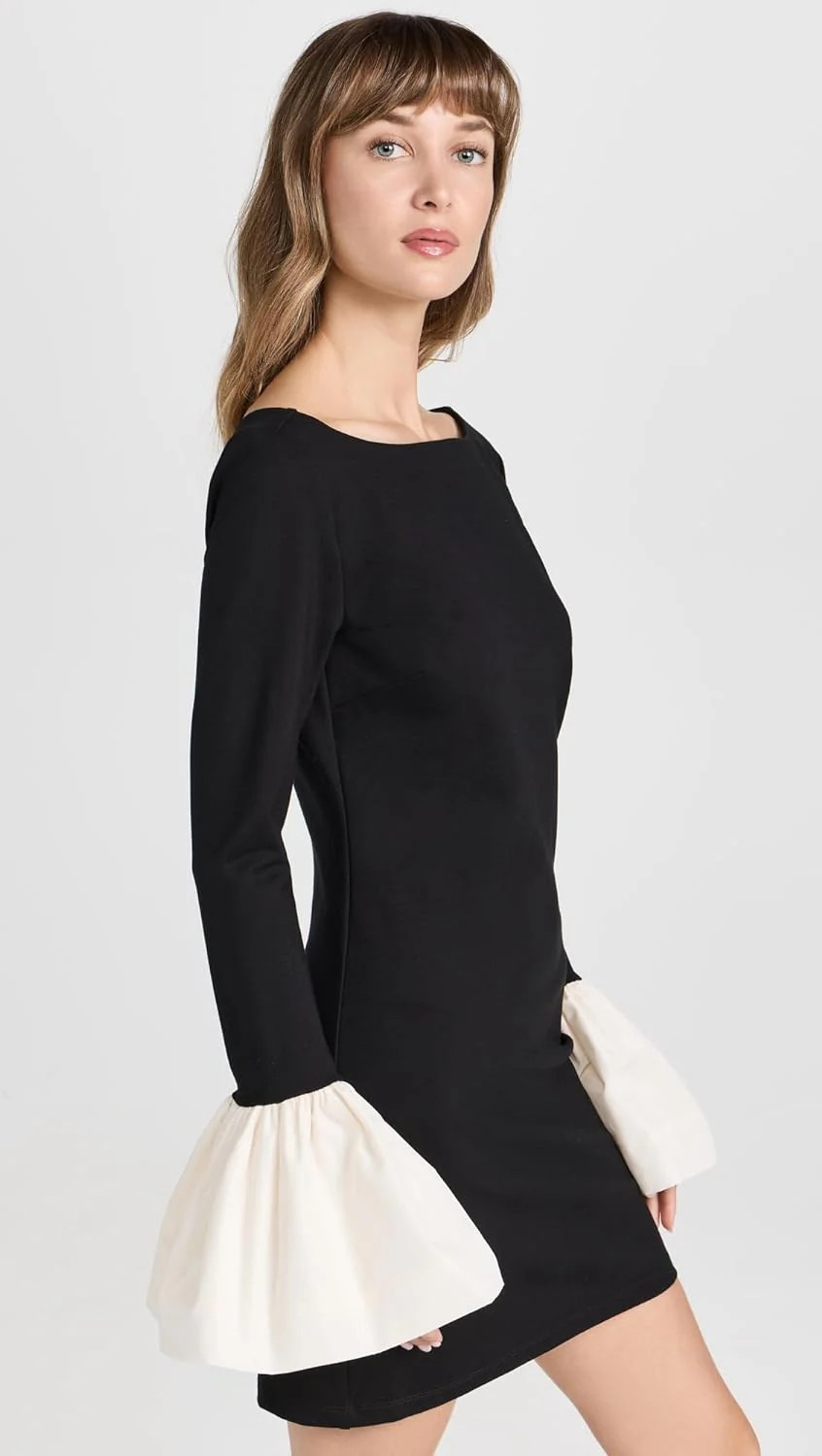 Staud Women's Hawthorne Bell Sleeve Ivory Trim Mini Sheath Dress Black | Shop Simon