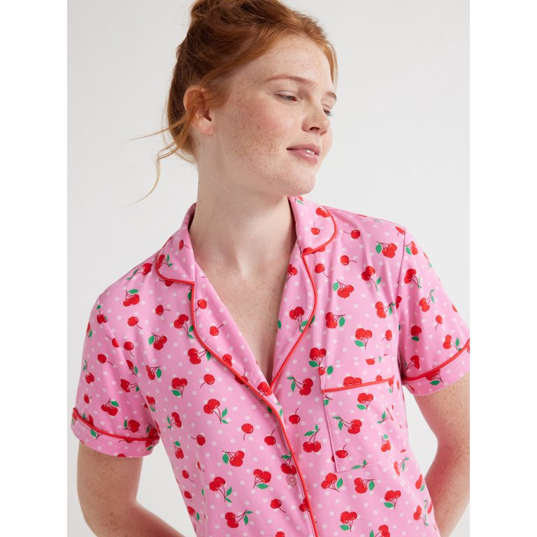 Joyspun Women’s Short Sleeve Notch Collar Top and Shorts Knit Pajama Set, 2-Piece, Sizes S to 3... | Walmart (US)