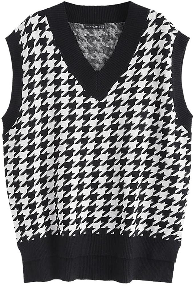 ZAFUL Women's Pullover Argyle Plaid Sweater Vest Houndstooth Knitted Sleeveless Sweater Preppy St... | Amazon (US)