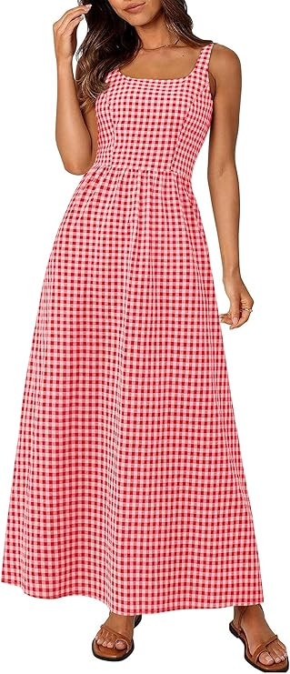 PRETTYGARDEN Women's 2026 Summer Spaghetti Strap Maxi Dresses Plaid Square Neck A Line Casual Bea... | Amazon (US)