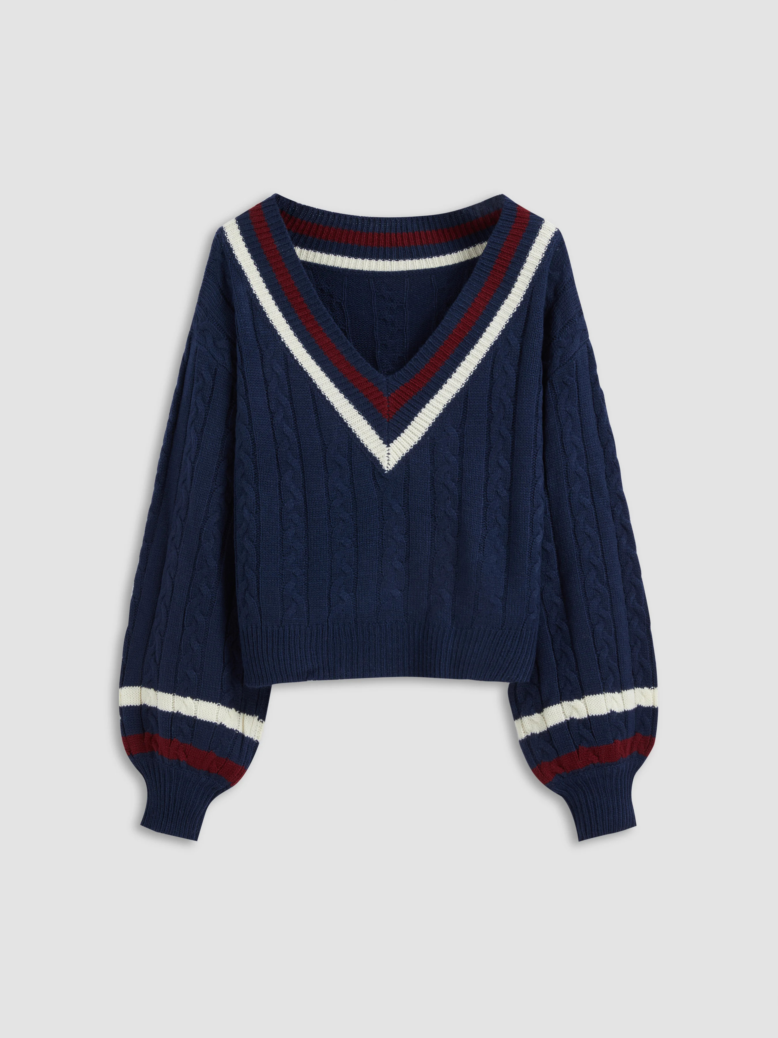 Preppy Knit Fabric Cable Knit V-neck Solid Contrasting Binding Long Sleeve Top For School | Cider