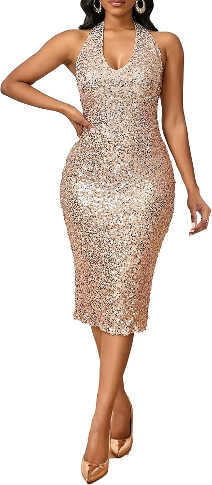 VERWIN Sequins Dress Sleeveless Bodycon Dress V Neck Sparkly Midi Dress Backless Halter Dress Par... | Amazon (US)