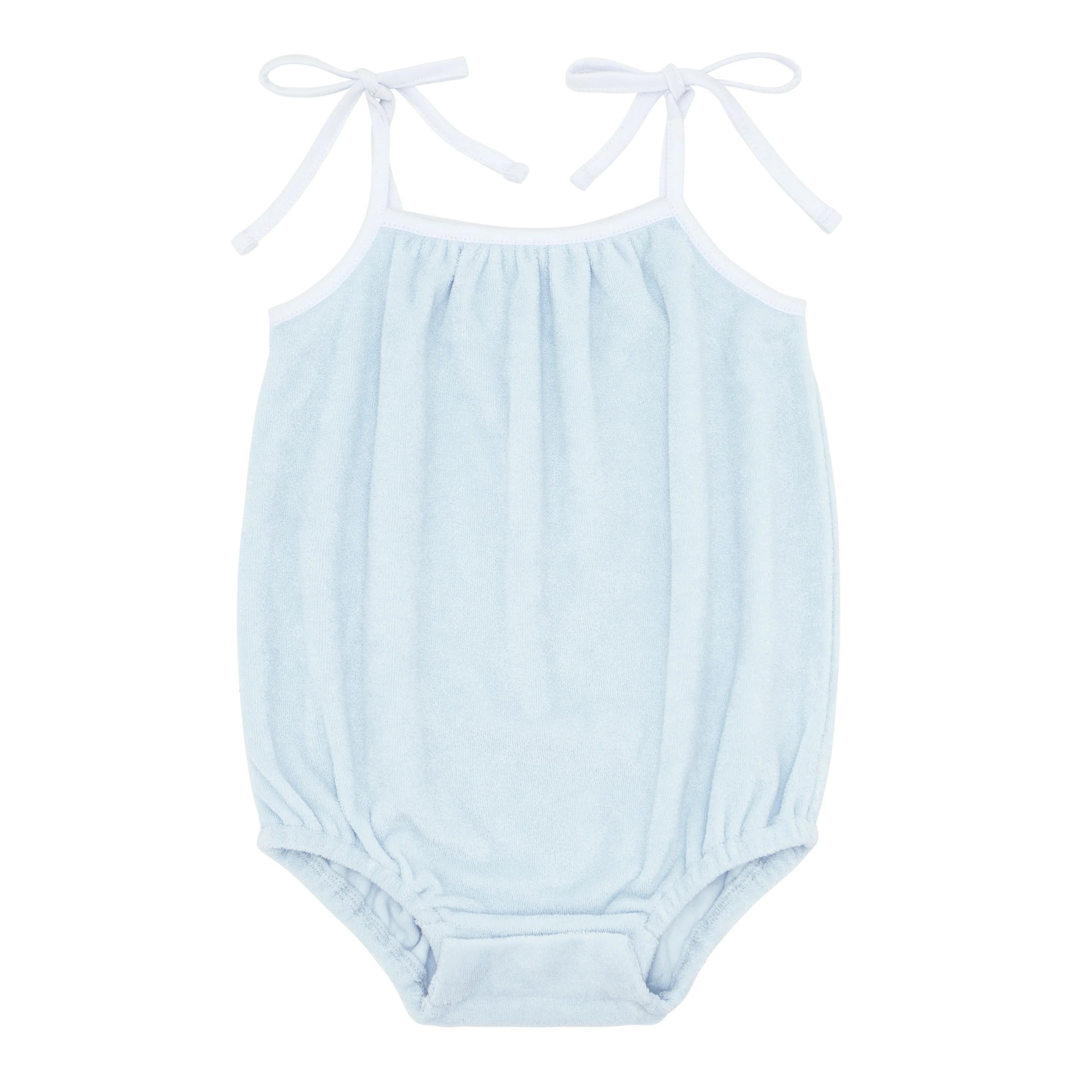 baby girls light blue romper with shoulder ties | minnow