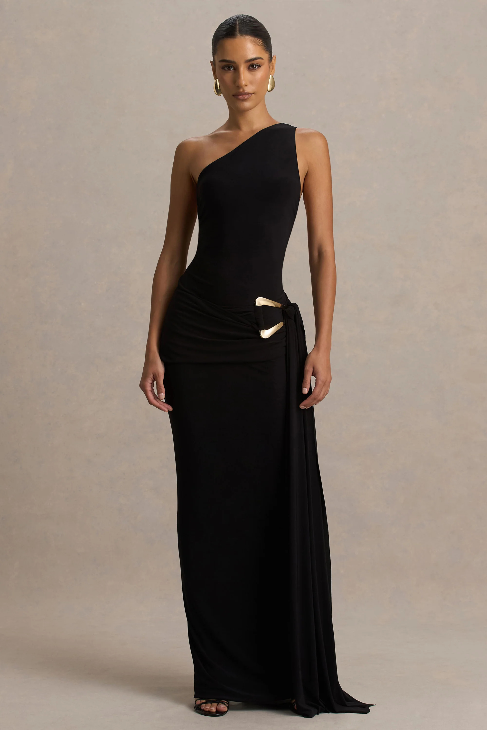 Bonnie  Black Asymmetric-Neck Maxi Dress With Open-Back | Club L London